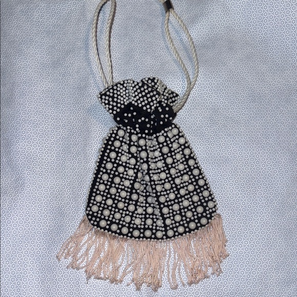 Handmade Handbags - Vintage beaded tassel drawstring pouch wristlet black and white